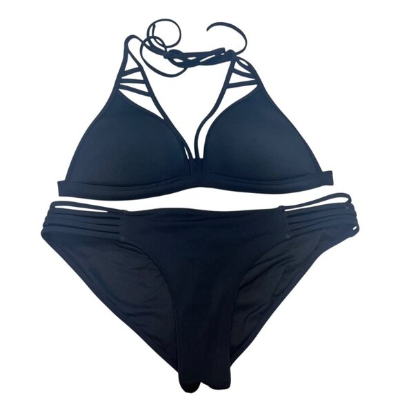 VICTORIA'S SECRET Bikini Medium Black Strappy Padded Top & Cheeky Bottom 2 Piece - Picture 3 of 10